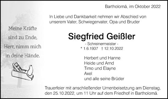 Traueranzeige von Siegfried Geißler von Gmünder Tagespost