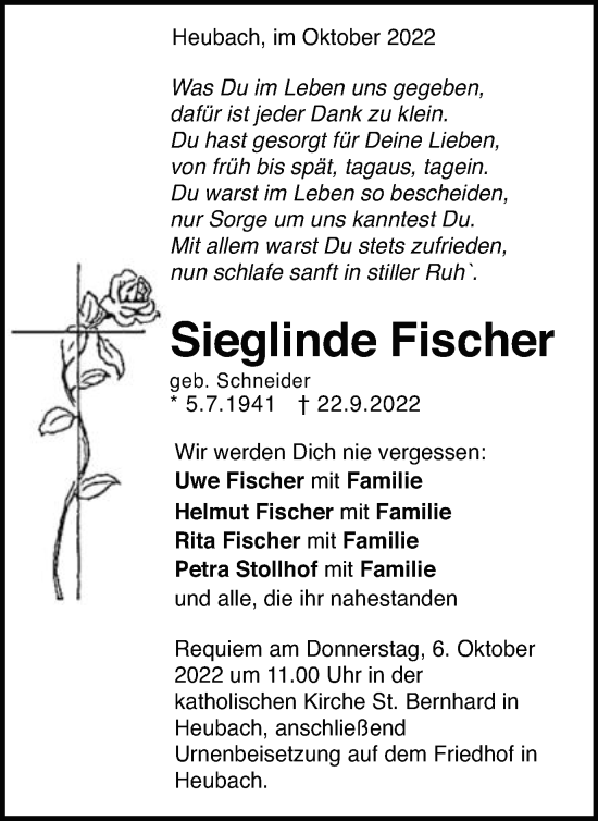 Traueranzeige von Sieglinde Fischer von Gmünder Tagespost