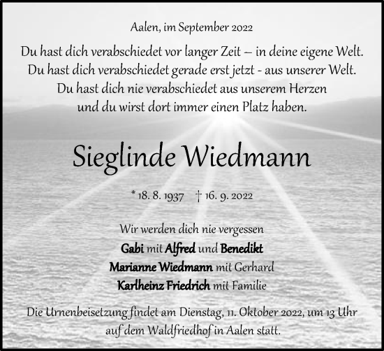 Traueranzeige von Sieglinde Wiedmann von Schwäbische Post