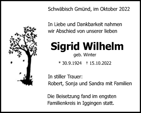 Traueranzeige von Sigrid Wilhelm  von Gmünder Tagespost