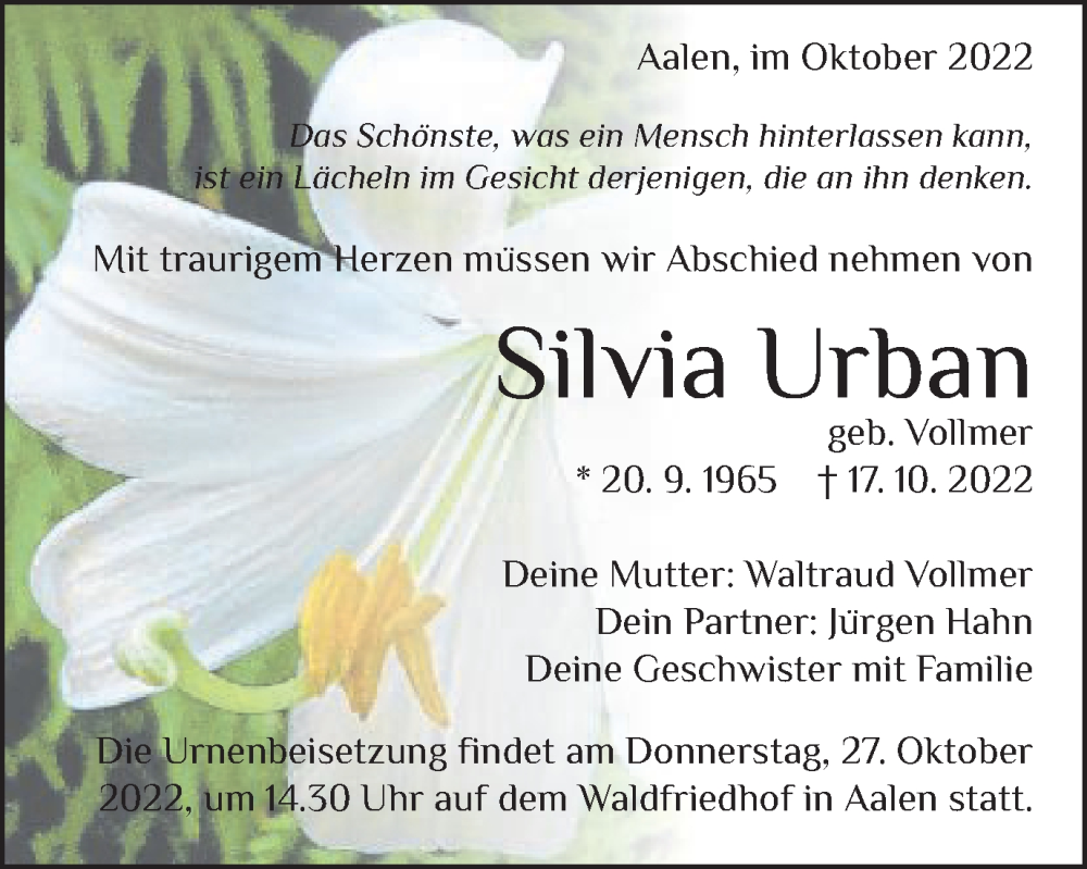  Traueranzeige für Silvia Urban vom 26.10.2022 aus Schwäbische Post