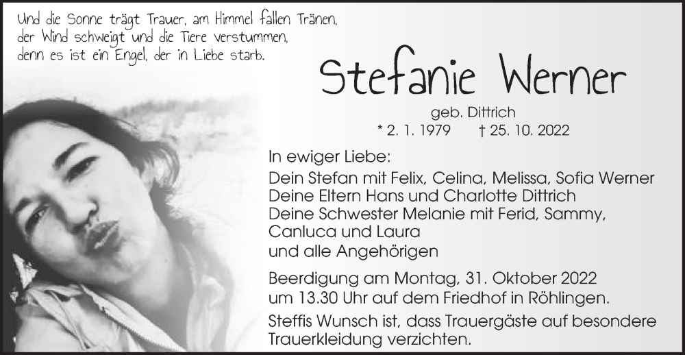  Traueranzeige für Stefanie Werner vom 28.10.2022 aus Schwäbische Post