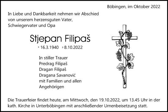 Traueranzeige von Stjepan Filipas von Gmünder Tagespost