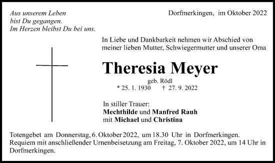 Traueranzeige von Theresia Meyer von Schwäbische Post