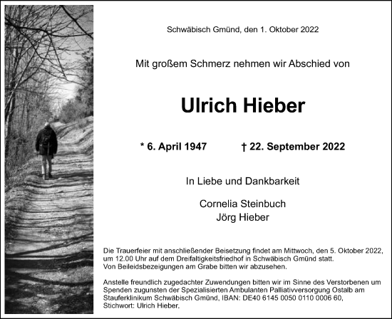 Traueranzeige von Ulrich Hieber von Gmünder Tagespost