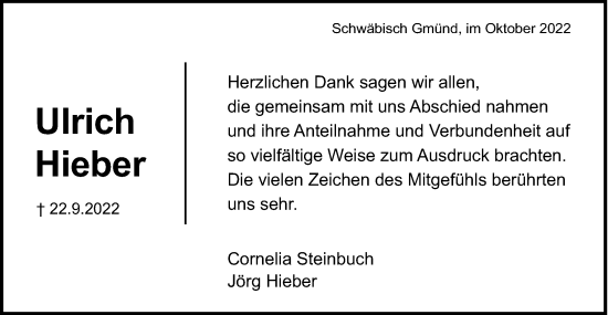 Traueranzeige von Ulrich Hieber von Gmünder Tagespost