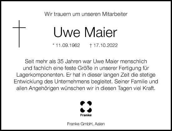 Traueranzeige von Uwe Maier von Schwäbische Post