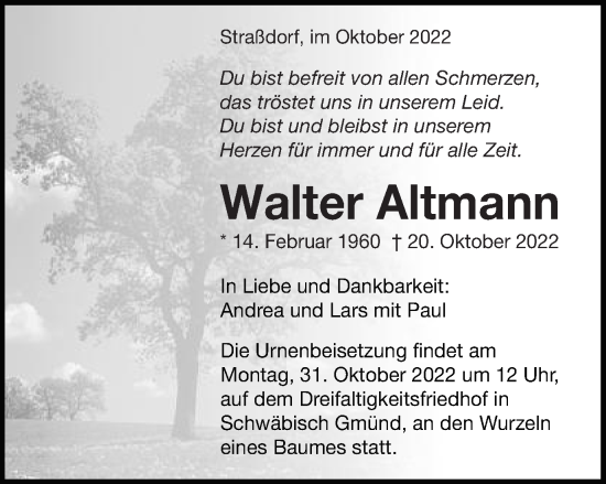 Traueranzeige von Walter Altmann von Gmünder Tagespost
