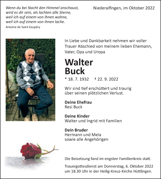 Traueranzeige von Walter Buck von Schwäbische Post