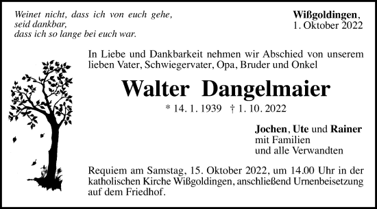 Traueranzeige von Walter Dangelmaier von Gmünder Tagespost