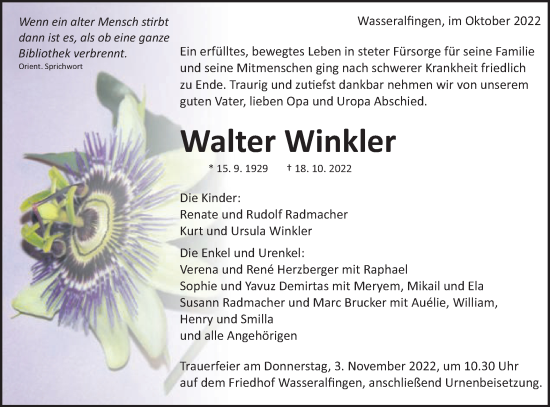 Traueranzeige von Walter Winkler von Schwäbische Post