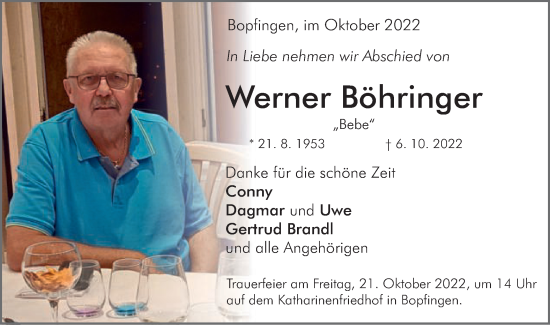 Traueranzeige von Werner Böhringer von Schwäbische Post