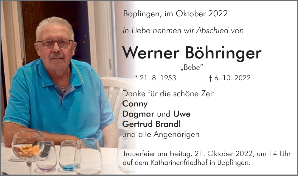  Traueranzeige für Werner Böhringer vom 15.10.2022 aus Schwäbische Post
