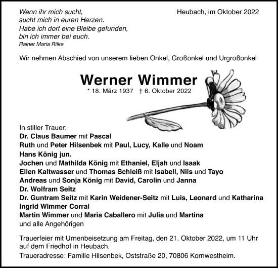 Traueranzeige von Werner Wimmer von Gmünder Tagespost