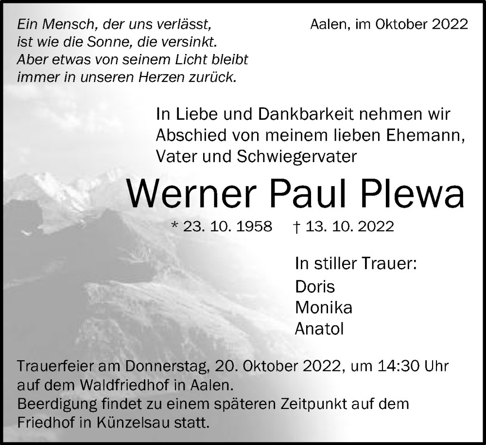  Traueranzeige für Werner Paul Plewa vom 19.10.2022 aus Schwäbische Post