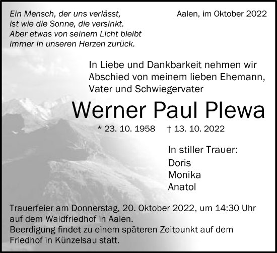 Traueranzeige von Werner Paul Plewa von Schwäbische Post