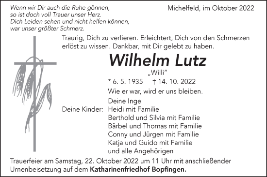 Traueranzeige von Wilhelm Lutz von Schwäbische Post