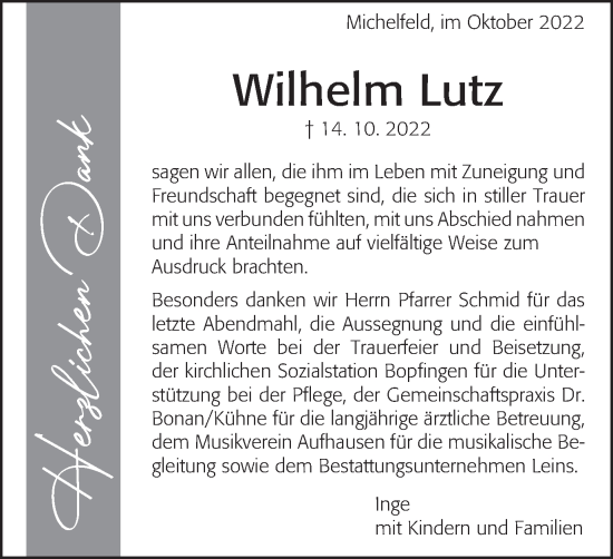 Traueranzeige von Wilhelm Lutz von Schwäbische Post