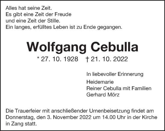 Traueranzeige von Wolfgang Cebulla von Amtsblatt_Oko