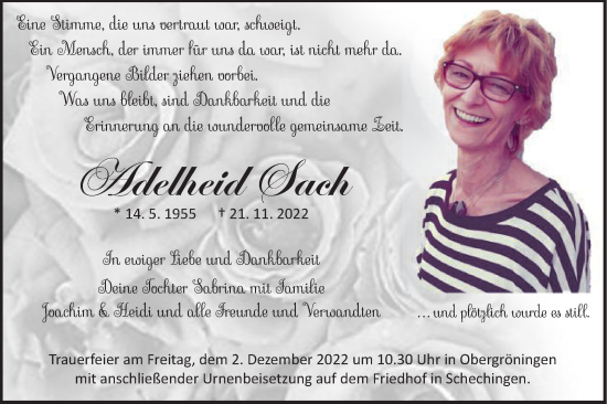 Traueranzeige von Adelheid Sach von Gmünder Tagespost