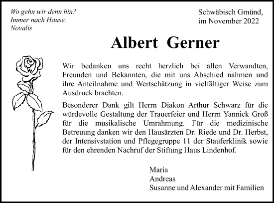 Traueranzeige von Albert Gerner  von Gmünder Tagespost