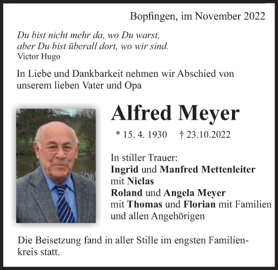 Traueranzeige von Alfred Meyer von Schwäbische Post