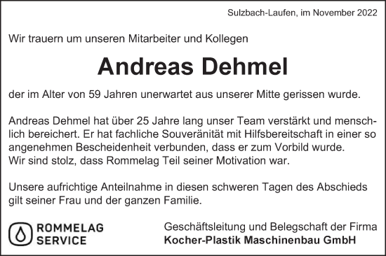 Traueranzeige von Andreas Dehmel  von Schwäbische Post