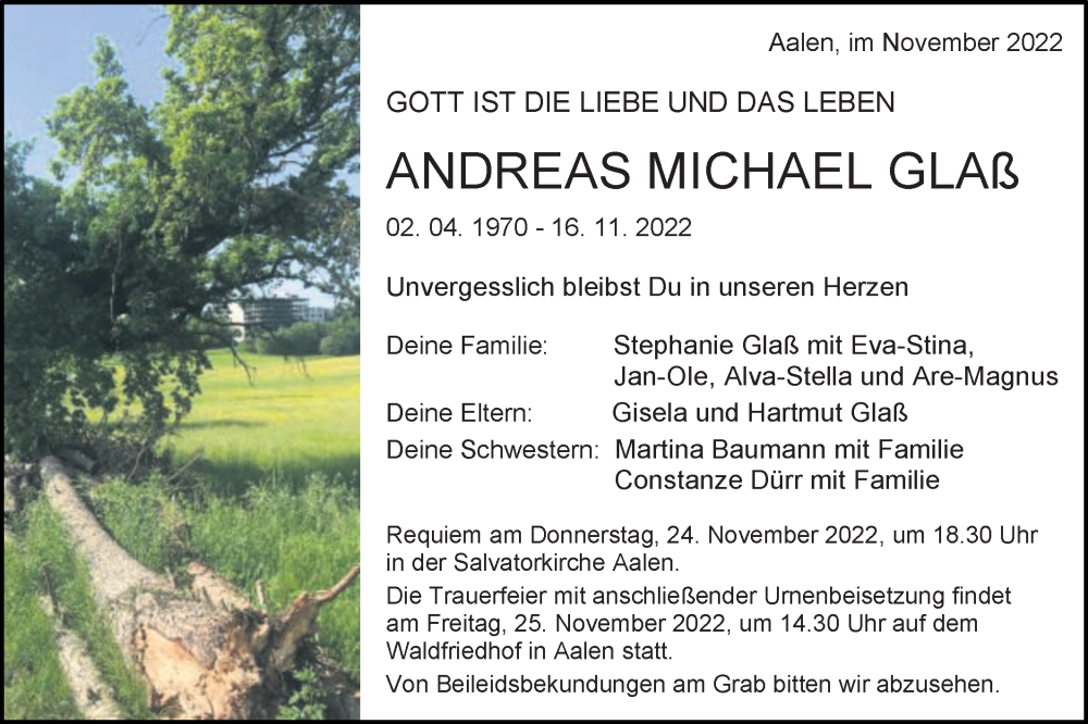  Traueranzeige für Andreas Michael Glaß vom 23.11.2022 aus Schwäbische Post