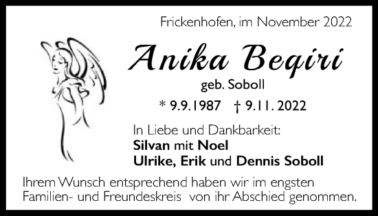 Traueranzeige von Anika Beqiri von Gmünder Tagespost