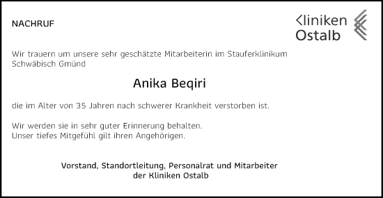 Traueranzeige von Anika Beqiri von Gmünder Tagespost