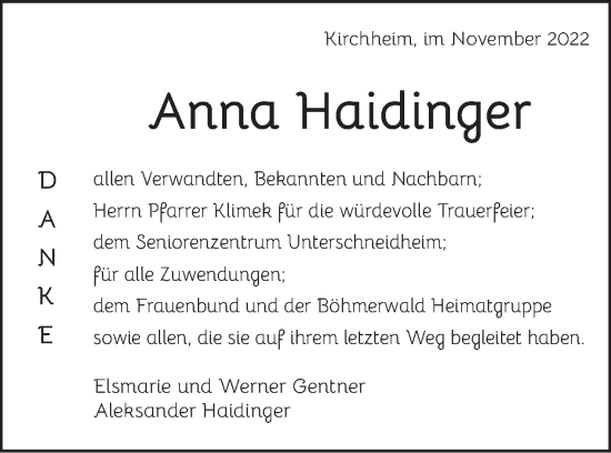 Traueranzeige von Anna Haidinger von Schwäbische Post