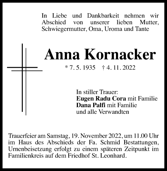 Traueranzeige von Anna Kornacker von Gmünder Tagespost