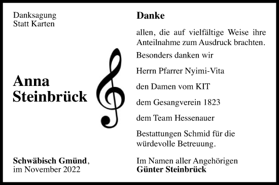 Traueranzeige von Anna Steinbrück von Gmünder Tagespost