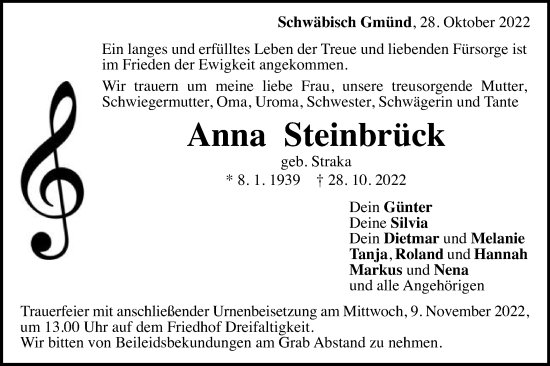 Traueranzeige von Anna Steinbrück von Gmünder Tagespost
