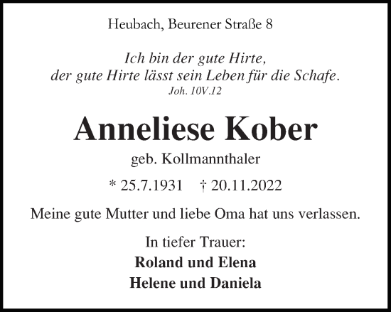 Traueranzeige von Anneliese Kober von Gmünder Tagespost