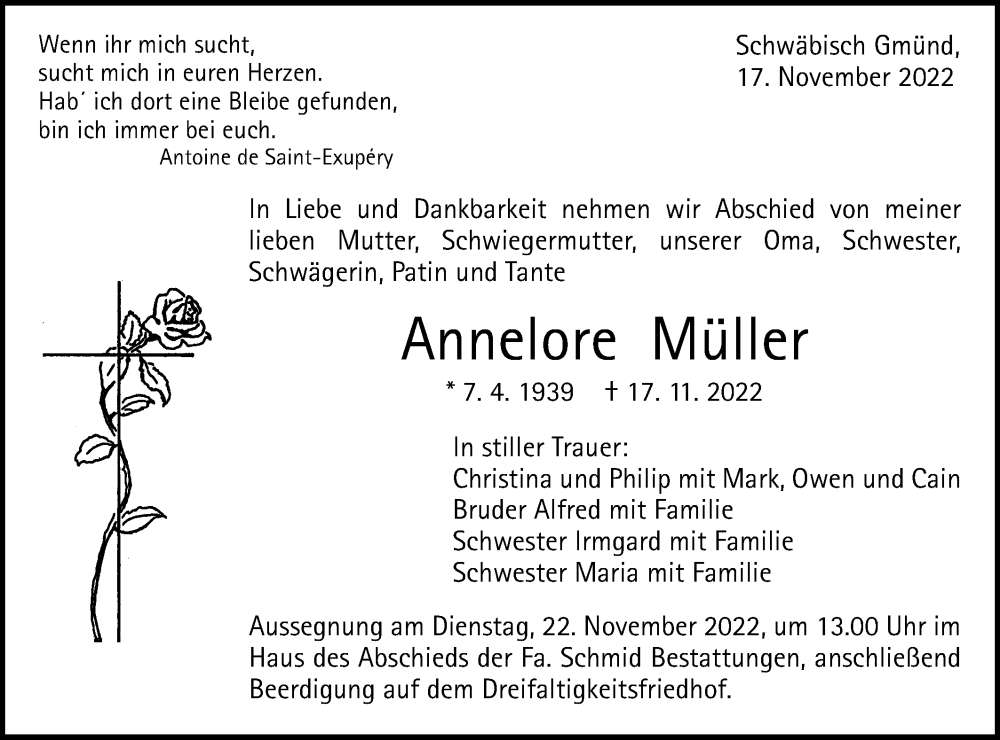 Traueranzeige für Annelore Müller vom 19.11.2022 aus Gmünder Tagespost