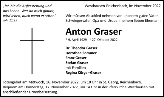 Traueranzeige von Anton Graser von Schwäbische Post