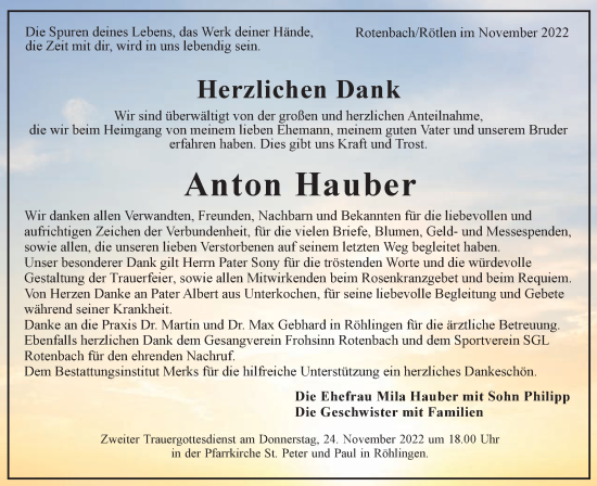 Traueranzeige von Anton Hauber von Schwäbische Post