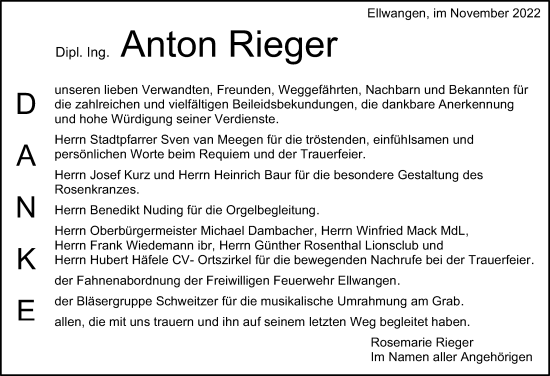 Traueranzeige von Anton Rieger von Schwäbische Post