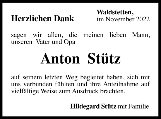 Traueranzeige von Anton Stütz von Gmünder Tagespost