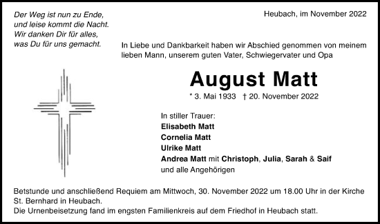Traueranzeige von August Matt von Gmünder Tagespost