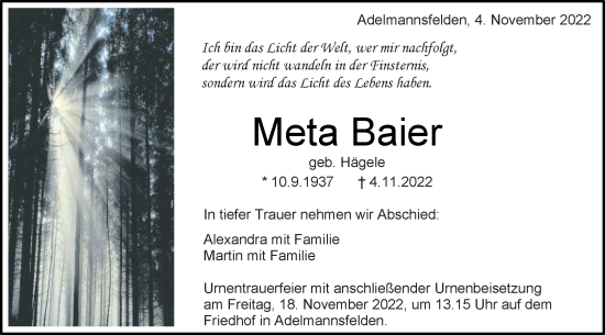 Traueranzeige von Meta Baier von Schwäbische Post