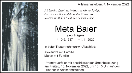 Traueranzeige von Meta Baier