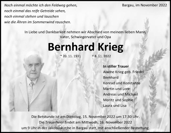 Traueranzeige von Bernhard Krieg von Gmünder Tagespost