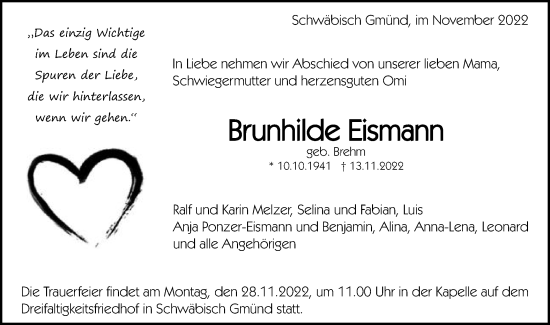 Traueranzeige von Brunhilde Eismann von Gmünder Tagespost