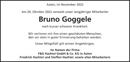 Traueranzeige von Bruno Goggele von Schwäbische Post
