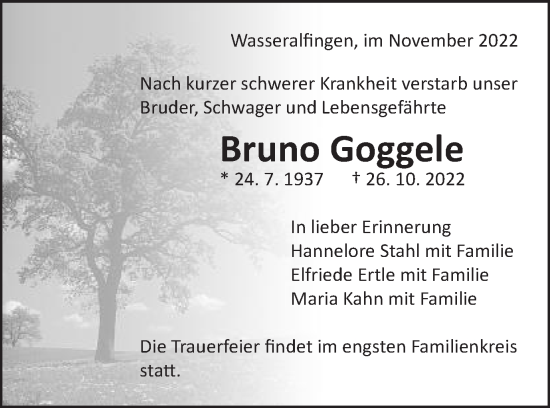 Traueranzeige von Bruno Goggele von Schwäbische Post