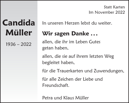 Traueranzeige von Candida Müller von Schwäbische Post