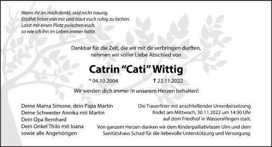 Traueranzeige von Catrin Wittig von Schwäbische Post