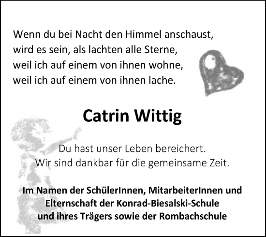 Traueranzeige von Catrin Wittig von Schwäbische Post